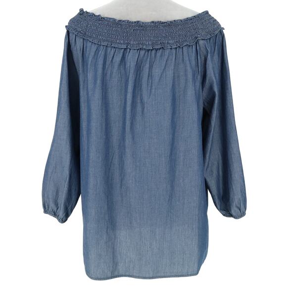 Chicos Top 1 Womens Medium 8 Blue Cotton Off Shoulder Blouse Boho Romantic - Picture 2 of 13